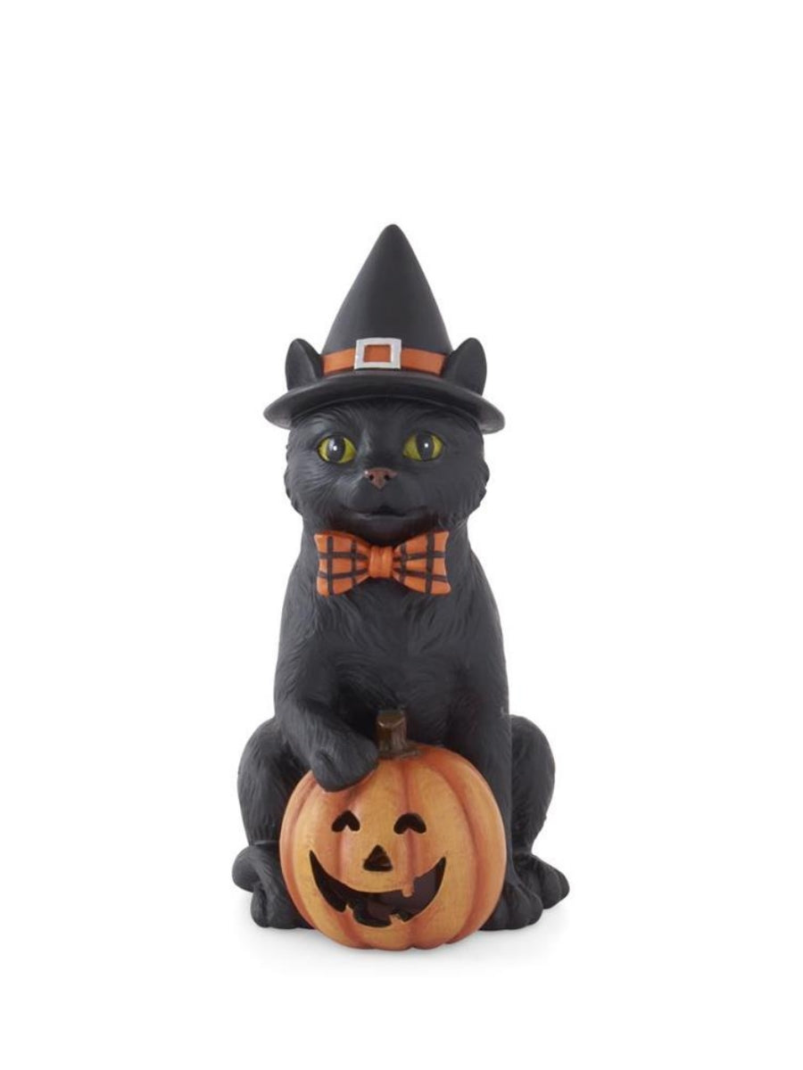 Black Resin Cat with Witch Hat & LED Jack O'Lantern